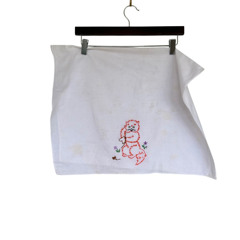 Tea Towel Unisex OS White Vintage Hand Embroidered Ginger Cat Kitsch